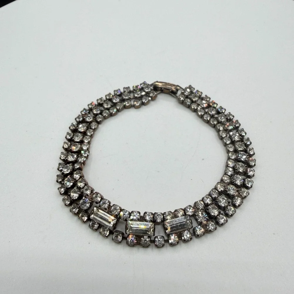 Clear Rhinestone Silver Tone Multi Row Bracelet Baguette Statement Bridal Gift